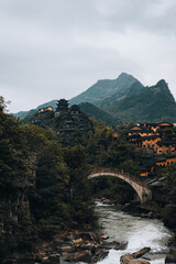 Shangrao ancient town bridge over mountain river