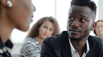 Millennial employees gathered in boardroom for training black boss ceo leader leading corporate team during seminar learning at modern office Internship and leadership coaching and edu : Generative AI