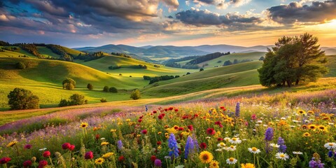 Peaceful countryside scene with rolling hills and colorful wildflowers