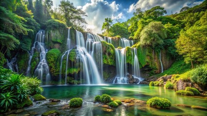 Tranquil landscape with a picturesque waterfall and lush greenery