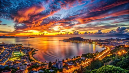 Stunning sunset over a coastal city, with a beautiful blend of city lights and natural colors