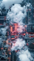 Modern industrial area aerial view and cloud computing concept. Communication network. Industry 4.0. Factory automation.