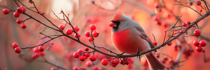 Northern Cardinal sitting on a winterberry tree branch
