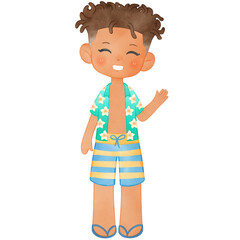 Little Boy  in Swimsuit, Summer Illustration, Summertime Clipart Hand Drawn