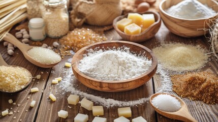 Fototapeta premium Variety of sugar substitutes in wooden bowls on a rustic table. Healthy and low-calorie sweeteners for diabetic-friendly diets.