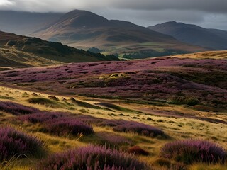 Mountain with rolling hills covered in heather and wild grasses, purple and green, soft and undulating, highland landscape, generative AI
