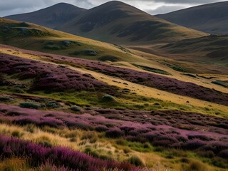 Mountain with rolling hills covered in heather and wild grasses, purple and green, soft and undulating, highland landscape, generative AI