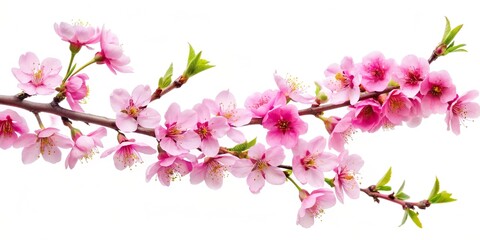 Pink cherry blossom tree branch on a white background, isolated