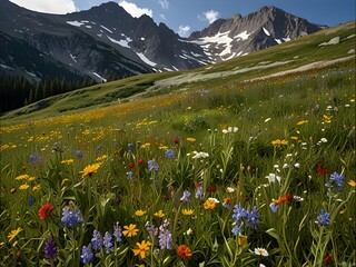 Mountain with a vast alpine meadow at its base, dotted with wildflowers, open and expansive, floral carpet, generative AI