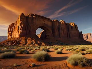 Mountain with sandstone cliffs and arches, warm hues of orange and red, sculpted by wind and water, desert beauty, generative AI