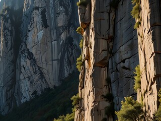 Mountain with sheer rock faces perfect for climbing, adventurous and challenging, vertical world, rock climber’s dream, generative AI