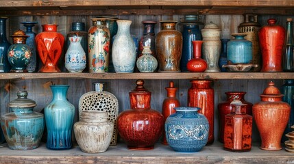 a shelf with many different colored vases on it