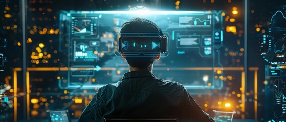 Creative business of an intellectual property specialist securing patents for a B2C startup, shown in minimal styles with a futuristic HUD display