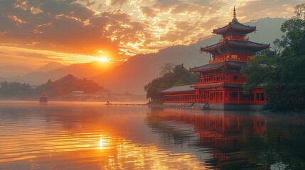 Obraz premium a pagoda in the middle of a body of water