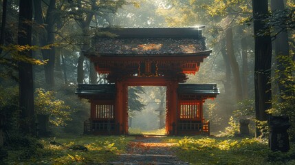 a gate in the middle of a forest with a path leading to it