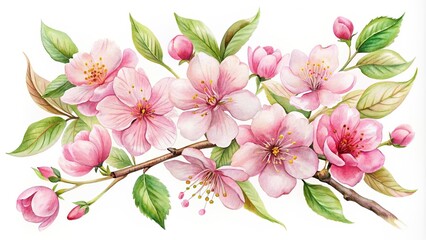 Beautiful watercolor Sakura cherry blossom clip arts with delicate pink petals and soft green leaves