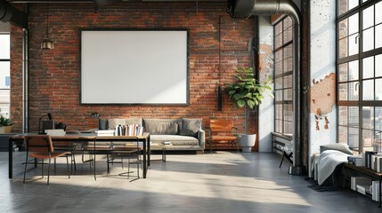 Frame mockup, an industrial loft with exposed brick walls and modern art pieces, blending the old and new in a stylish and contemporary setting