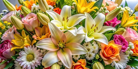 Close-up of an elegant arrangement of assorted blooms including lilies and daffodils