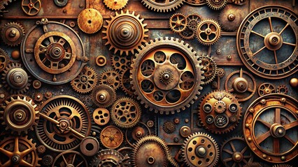 Steampunk industrial background featuring vintage machinery, gears, and clockwork