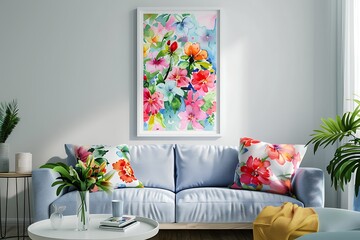 Frame mockup with a bright floral print, bringing a burst of spring to a light-filled living room.