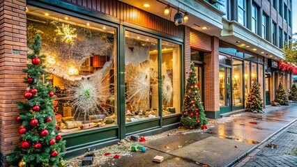 Scene of vandalized and looted storefronts during the holiday season