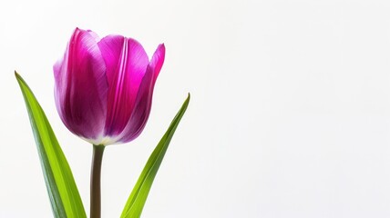Single pink tulip blooming with two green leaves on white background