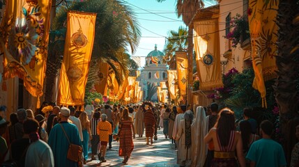 a crowd of people walking down a street with yellow flags