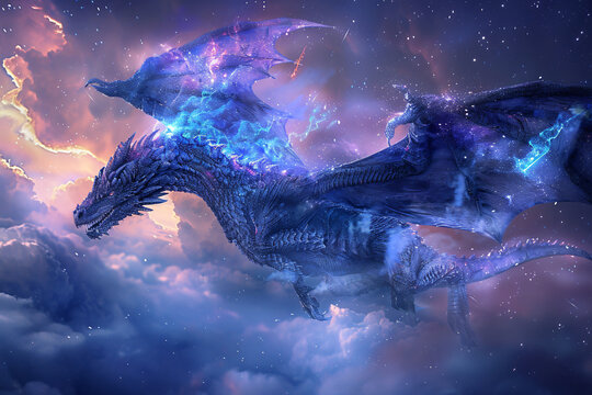 A purple dragon is flying through the sky with a purple and purple tail