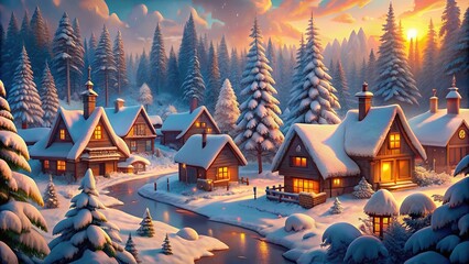Cute and charming winter village scene in a snow-covered forest with generative art style