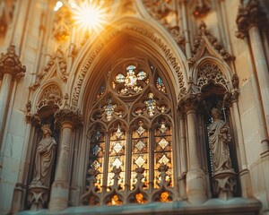 Fototapeta premium Intricate architectural detail of a historic cathedral, showcasing ornate carvings and stained glass windows illuminated by sunlight