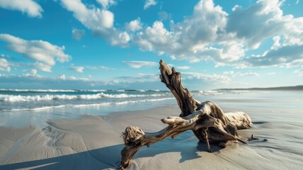 Driftwood on sunny beach with calm ocean waves and partly cloudy sky - Powered by Adobe