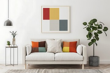 Frame mockup with a colorful quilt pattern print, adding warmth to a cozy living room.