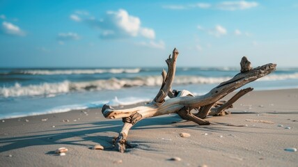 Piece of driftwood lying on sandy beach with gentle waves in background