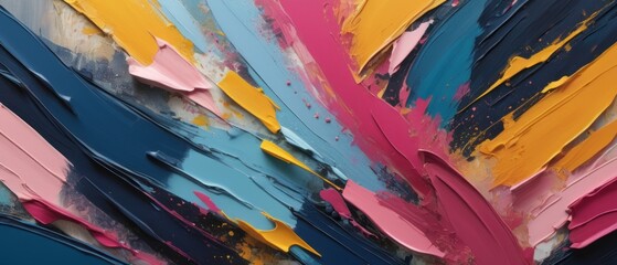 Abstract art with bold, textured colors vibrant pinks, yellows, oranges, blues, and dark tones.