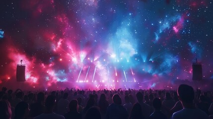 Nighttime music festival with a large stage, laser light show, and enthusiastic audience dancing to the rhythm, under a starry sky