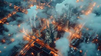 Modern industrial area aerial view and cloud computing concept. Communication network. Industry 4.0. Factory automation.