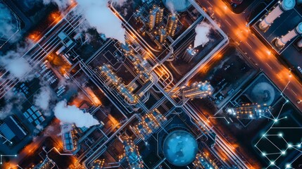 Modern industrial area aerial view and cloud computing concept. Communication network. Industry 4.0. Factory automation.