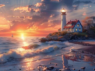 Obraz premium Picturesque coastal village at sunset, with quaint cottages, a lighthouse, and waves gently lapping against the shore, creating a serene atmosphere