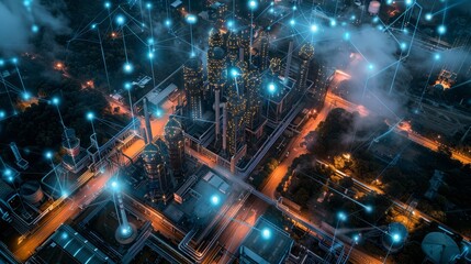 Obraz premium Modern industrial area aerial view and cloud computing concept. Communication network. Industry 4.0. Factory automation.