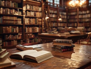 Quiet library study area with rows of bookshelves, a wooden table with scattered open books, and soft, warm lighting
