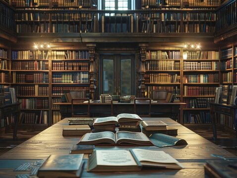 Quiet library study area with rows of bookshelves, a wooden table with scattered open books, and soft, warm lighting
