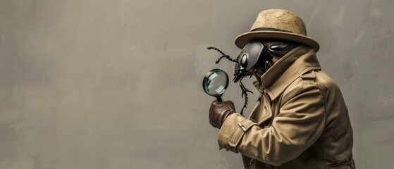 A beetle in a detectives trench coat and hat, holding a magnifying glass, against a gray background with copy space