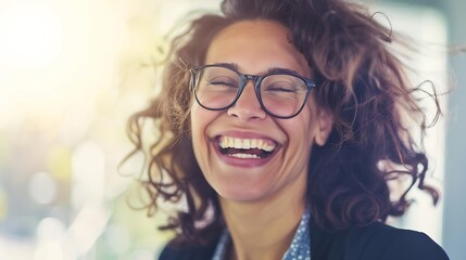 Fototapeta premium Confident and successful businesswoman laughs while wearing eyeglasses Woman celebrating her accomplishments as an entrepreneur and web designer creating a thriving work environment fo : Generative AI