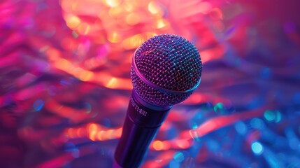 Vibrant Hues: Dynamic Microphone on Colorful Holographic Background