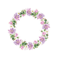 Watercolor wreath with garden flowers on transparent background, round composition with spring and summer blooms, romantic clipart