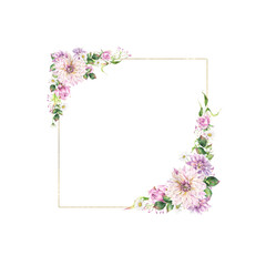 Golden square frame clipart decorated with watercolor flowers, spring and summer floral composition, perfect for greeting cards, paper crafts, wedding invitations