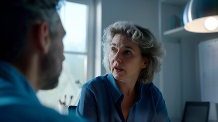 Fototapeta premium Female discussing new project with male colleague Mature woman talking with young man in office : Generative AI