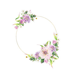 Watercolor composition, round golden frame, wreath with garden flowers, floral clipart on transparent background