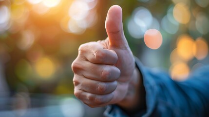 Close-up of a hand giving a thumbs-up gesture against a blurred outdoor background, symbolizing positivity and approval.