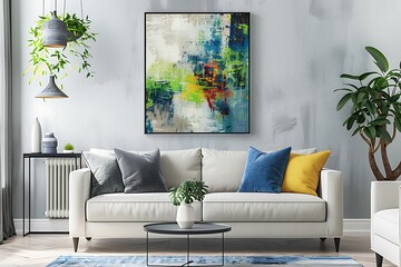 Frame mockup with a dynamic abstract expressionist piece, adding energy to a contemporary living rooma??s decor.
